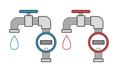 Hot and cold water taps water meters colored flat vector illustration isolated object - 714468751