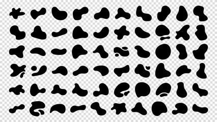 Liquid shapes, round abstract elements. Simple blotch water forms. Abstract organic black fluid blobs irregular shapes set of collection for speech bubbles. Vector illustration on a transparent bg.