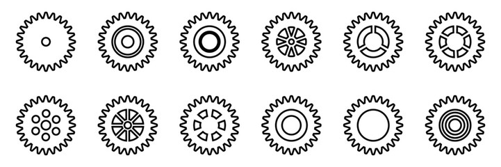 Gears icon set. Setting gears icon. Collection of mechanical outline cogwheels. Simple Gear wheel collection. Gear icons silhouette. Vector illustration with cogwheels sign set on white background.