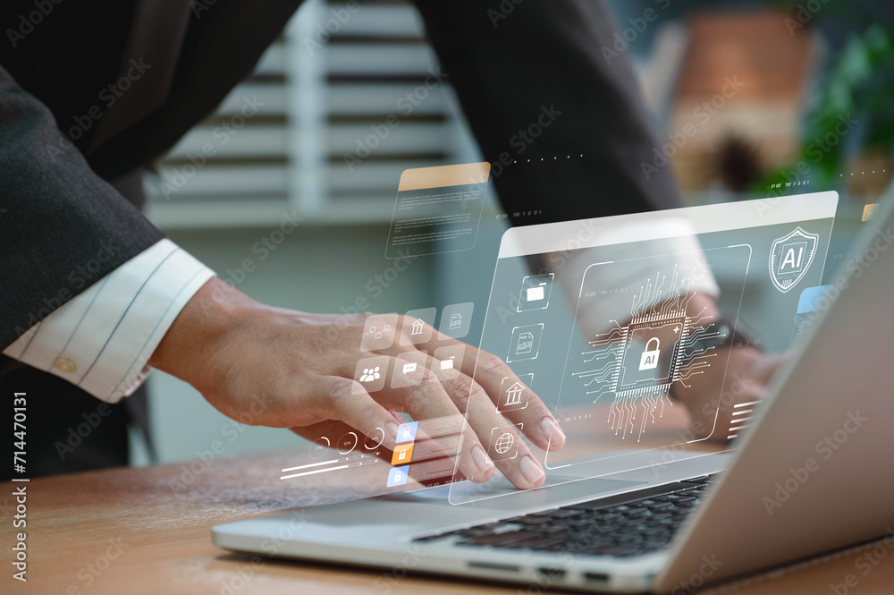 Poster Network cybersecurity and privacy using artificial intelligence to safeguard data. AI technology is being used by a businessman to protect data management and information to cyberattacks.