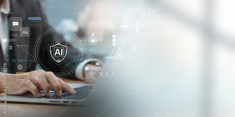 Fototapete Network cybersecurity and privacy using artificial intelligence to safeguard data. AI technology is being used by a businessman to protect data management and information to cyberattacks.