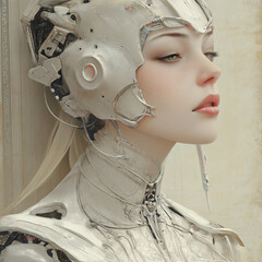 Illustration of a woman with advanced silver cyborg technology, potentially for sci-fi or futuristic themed designs.