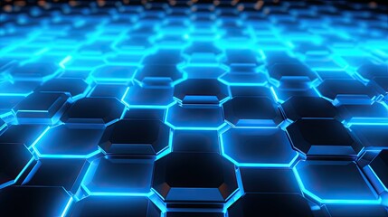 A background with neon blue hexagons arranged in a grid pattern with a neon glow effect and a lens flare