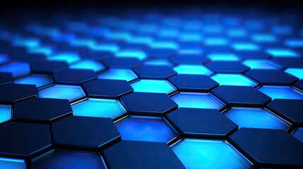 A background with neon blue hexagons arranged in a random pattern with a gradient effect and a radial blur