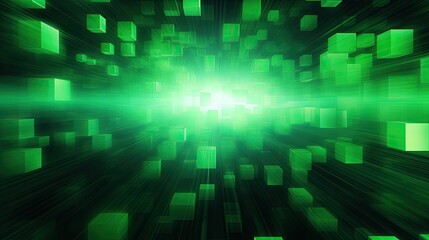 A background with neon green squares arranged in a random pattern with a gradient effect and a radial blur