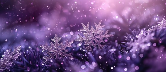 Purple winter background with reflecting snowflakes.