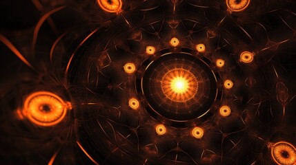 Obraz premium A background with neon orange circles arranged in a repeating pattern with a kaleidoscope effect and a radial blur