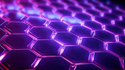 Obraz na płótnie Canvas A background with neon purple hexagons arranged in a honeycomb pattern with a kaleidoscope effect and a tilt shift