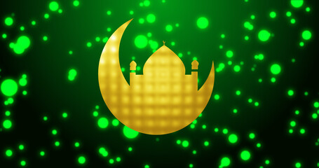 Islamic Ramadan Background. Animated green color letter word Ramadan Kareem, holy month, worship all day, the celebration of the Muslim community. Green color text with particles Background.