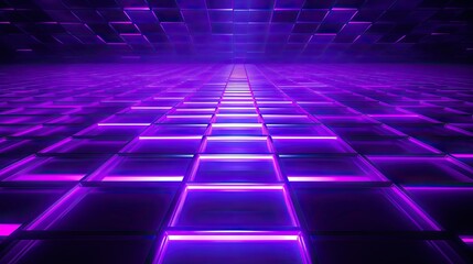 A background with neon purple squares arranged in a grid pattern with a distortion effect and a lens distortion - obrazy, fototapety, plakaty