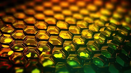 Obraz premium A background with neon yellow circles arranged in a honeycomb pattern with a kaleidoscope effect and a tilt shift