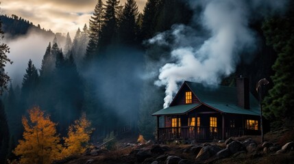 A cozy cabin nestled in the woods with smoke rising from the chimney