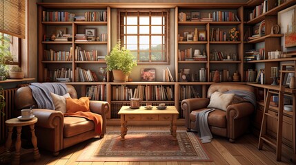 A cozy library with shelves of books and comfortable armchairs - obrazy, fototapety, plakaty