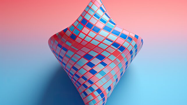 A cone with a square pattern in shades of pink and blue