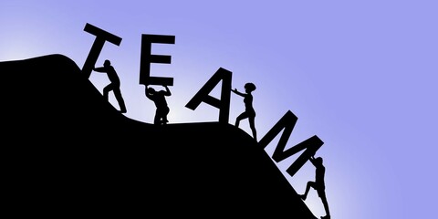 Team members work together to connect letters to compose the team word. The Teamwork concept.
