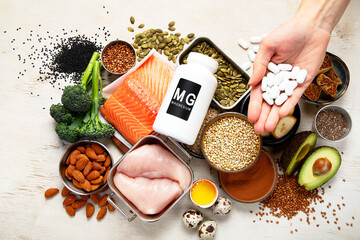 Foods containing natural magnesium (Mg). Healthy food concept
