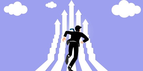 Businessman running to the top of the graph. Business success concept. Concept of business goal, success, ambition, achievement, and challenge.