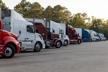 Row of Colorful Semi Trucks Parked at a Rest Area at Dusk