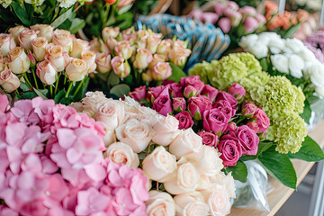 lot of flower bouquets at the florist shop hydrangea, roses, peonies, eustoma
