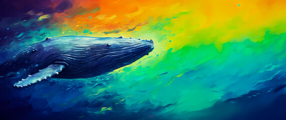 Abstract colorful painting of whale or animal mysterious at sea.dreaming or magical style.book cover background.inspiration and imagination ideas