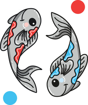 cartoon style, yin yang koi fish isolated in white background