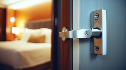 Close-up shot of door handle at hotel room with blurred bedroom on background  
