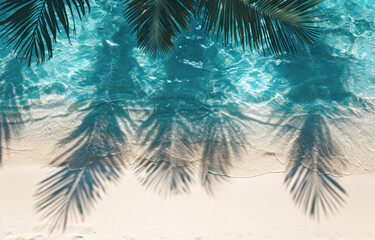 top view of water surface with tropical leaf shadow. Shadow of palm leaves on white sand beach. 