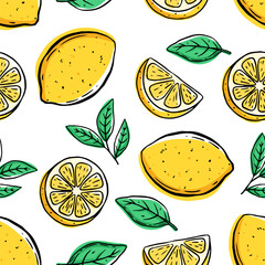 doodle lemon fruit seamless pattern on white background