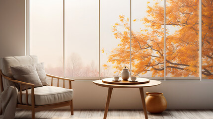 Wooden Table and Armchair by the autumn Sunlit Window 