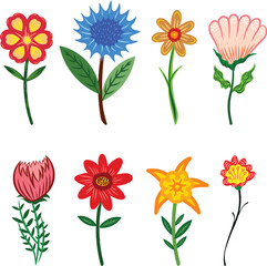 Set of drawn flowers. Drawing style. Various colorful flowers for drawing, textile. Interior painting. flat design. Hand drawn fashion vector illustration. Each flower is isolated.