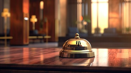 Modern hotel front desk, service bell foreground, high quality, ultra detailed,  