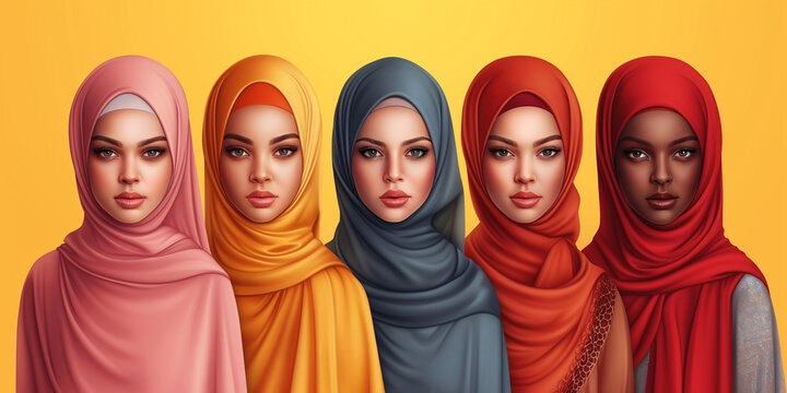 An illustration of diverse Muslim women in colorful hijabs, symbolizing cultural identity and inclusivity, suitable for religious and cultural events.
