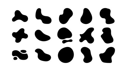 Abstract organic black fluid blobs and liquid shadows random shapes. Liquid shapes, round abstract elements. Simple blotch water forms. Vector illustration on white bg.