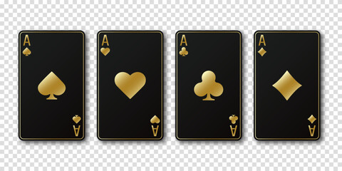 Fototapeta na wymiar Golden hearts, spades, diamonds, clubs cards sign. Black aces playing card suits set. Poker or casino, gambling concept. A winning poker hand. Template for casino or poker. Vector illustration.