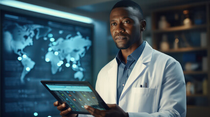 An innovative healthcare professional analyzes global medical data on a digital tablet