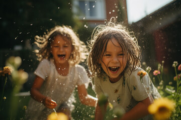 Family Fun, Two Girls Splashing in the Garden Water