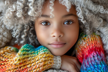 AI-generated portrait of a fictional black child with white hair and a rainbow sweater symbolizing LGBTQ+ pride and diversity.