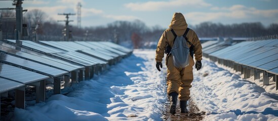 solar park workers walk between rows of solar panels, with the solar panels covered in snow