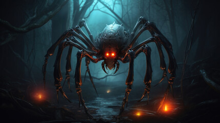A sinister spider creature with glowing red eyes lurks ominously in the shadows of a dark, misty fantasy forest. - obrazy, fototapety, plakaty