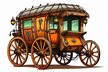 Fototapeta premium Wild west style wood covered wagon with barrel, shovel, saw and lantern. Hand-drawn western
