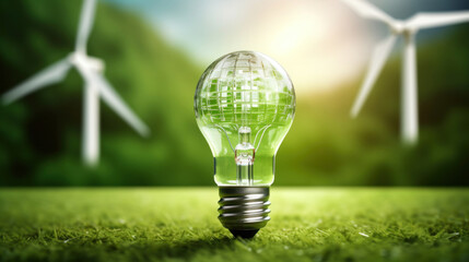 An eco-friendly lightbulb concept with wind turbines inside, symbolizing green energy solutions on a grassy field.