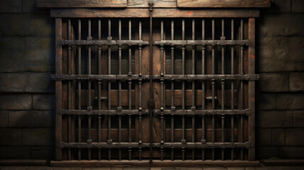 A heavy wooden and iron gate set in a medieval dungeon's stone wall, evoking historical architecture.