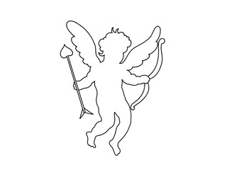 Cherub line art Valentines day. Cute cupid outline angel with wings, arrow and bow isolated on white background. Vector illustration