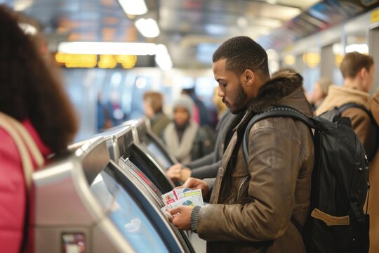 A man buying tickets at subway station machines