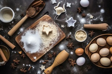 Festive holiday baking setup with flour, rolling pin, gingerbread, milk, eggs for making Christmas sweet cookies. Top view copy space. Generative AI - obrazy, fototapety, plakaty