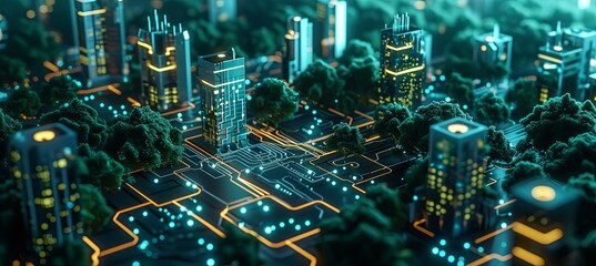 lighted electrical circuit board showing trees and cities - obrazy, fototapety, plakaty