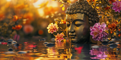 golden buddha face on glowing lotus in nature background, many colorful flowers