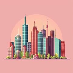 Vector Illustration of Cityscape Skyline on Pink Background
