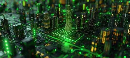 lighted electrical circuit board showing trees and cities