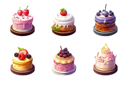 Set of sweet desserts with butter cream and berries topping isolated on a Transparent background. Generative AI